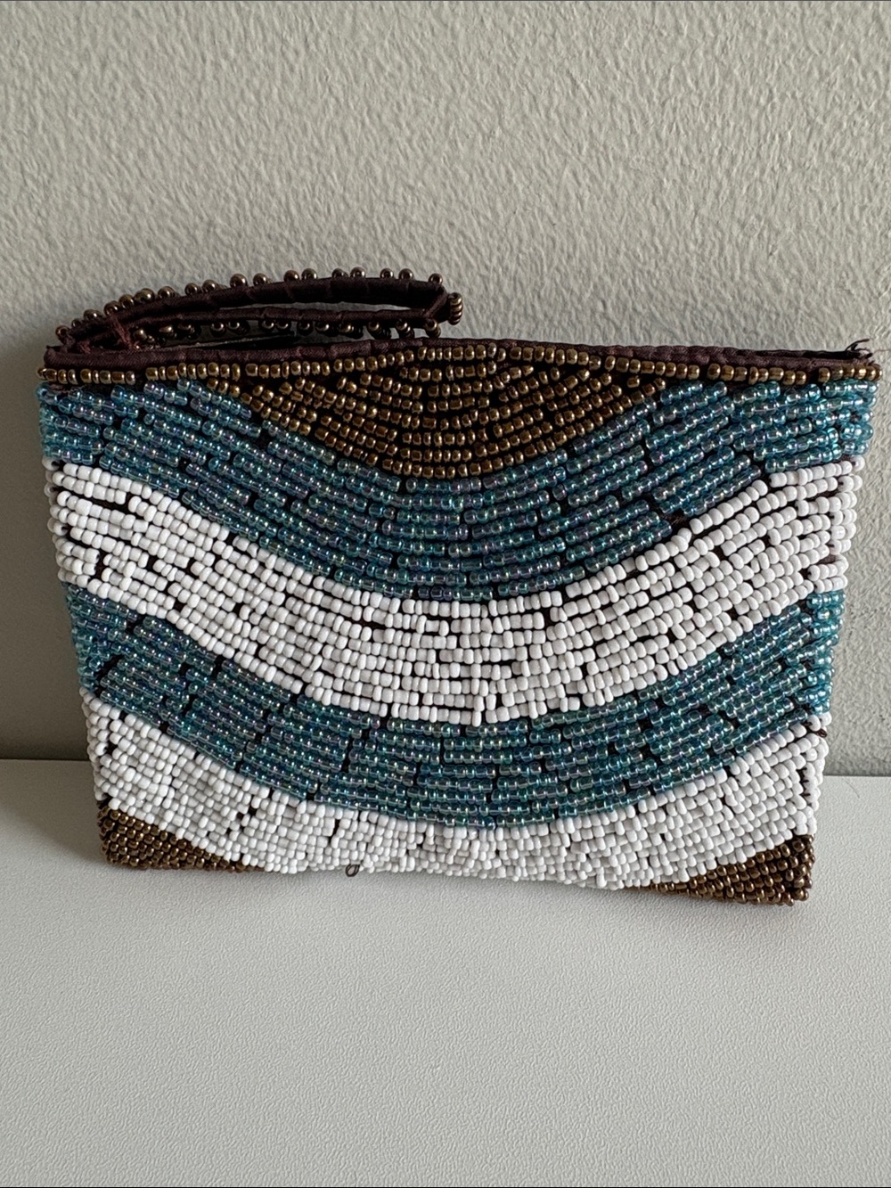 Beaded Wave Pattern Clutch — Teal, White & Bronze